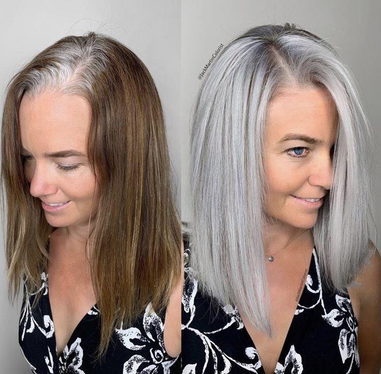 mujer cambia de look con color silver en el cabello